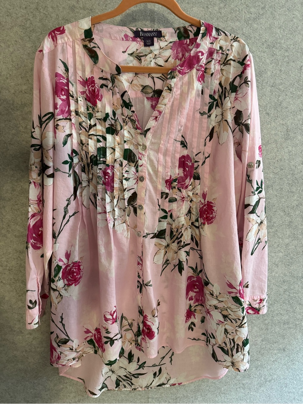 Roaman’s Pink Floral Pintuck V-Neck Oversized Long Sized Light-Weighted Tunic